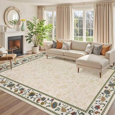 Garvee Area Rug 5x7 Washable Vintage Floral Print Living Room Rug Beige, Low Pile Non Slip Carpet for Bedroom Dining Room Hom...