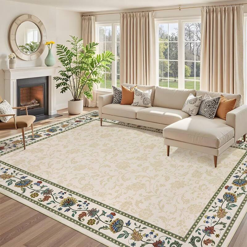 Garvee Area Rug 5x7 Washable Vintage Floral Print Living Room Rug Beige, Low Pile Non Slip Carpet for Bedroom Dining Room Hom...