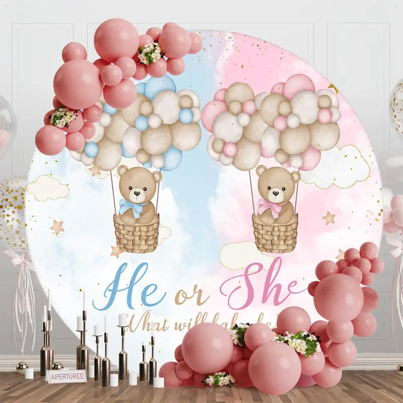 Bears Hot Air Balloon Round Gender Reveal Backdrop