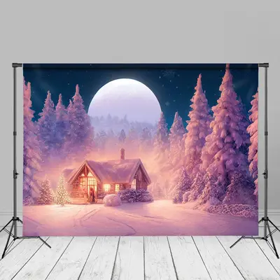 Winter Night Cedar Forest Warm House Christmas Backdrop - Aperturee