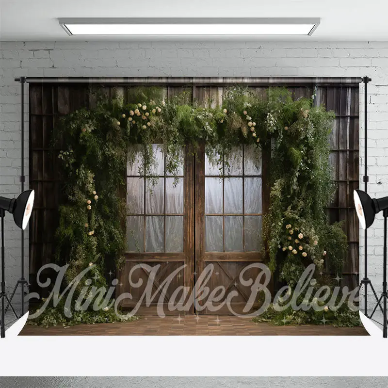 Floral Green Leaves Cabin Wood Door Spring Backdrop - Aperturee