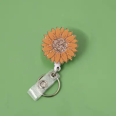 Sunflower Design Badge Holder, 1 Count Cute Glitter Retractable Badge Reel, Creative ID Badge Holder with Clip for Nurse, Stu...
