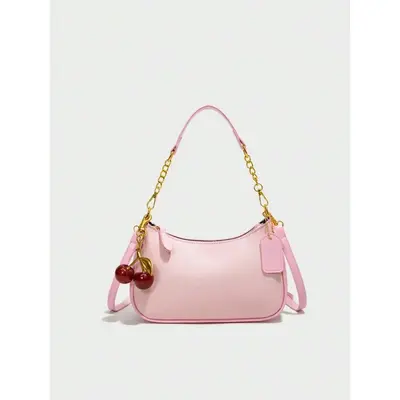 Crescent Bag: New Fashion, Classic, Solid Color Pu Waterproof Fabric with Letter Pattern & Cherry Pendant - Ideal for Shoppin...