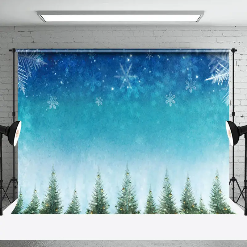 Aperturee Blue Snowy Night Snowflake Trees Christmas Backdrop