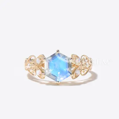 Hexagon Natural Moonstone Ring Gold Butterfly Engagement Ring