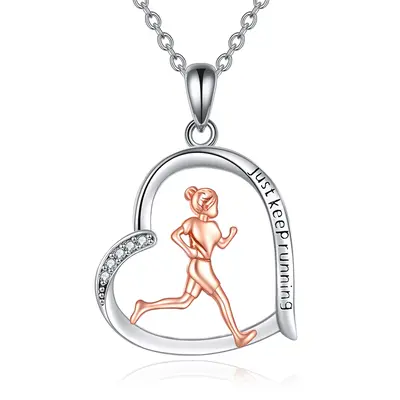 925 Sterling Silver Heart Runner Running Pendant Necklace For Women