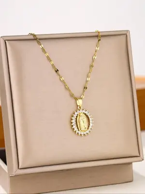 Fall Elegant Rhinestone Decor Chains, Virgin Mary Design Pendant Necklace for Men & Women, Exquisite Trendy Chain Necklace, ...
