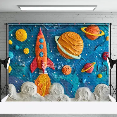 Blue Space Planet Rocket Birthday Backdrop For Photo - Aperturee