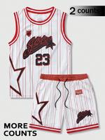 Two-Piece Set Men's Letter Print Basketball Jersey & Shorts Set, Regular Fit Casual Basketball Sleeveless V Neck Top & Shorts...