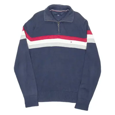 TOMMY HILFIGER Mens Jumper Blue Striped 1/4 Zip Tight Knit L