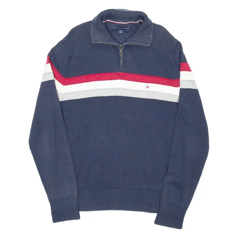 TOMMY HILFIGER Mens Jumper Blue Striped 1/4 Zip Tight Knit L
