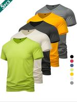 Men's Solid Color V Neck Sports Tee, Breathable Sweat-absorbing T-shirt, Casual Comfy Sports Top for Gym Workout Running