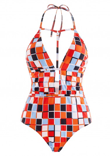 Modlily Geometric Print Halter Cutout One Piece Swimwear - S