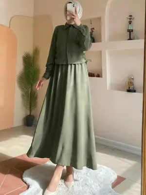 Women's Solid Button Front Drawstring Shirt & Elastic Waist Skirt Two-piece Set, Casual Long Sleeve Collared Top & A Line Ski...