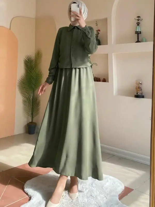 Women's Solid Button Front Drawstring Shirt & Elastic Waist Skirt Two-piece Set, Casual Long Sleeve Collared Top & A Line Ski...