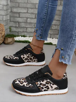 Fashion Leopard Pattern Lace Up Low Top Sneakers, Casual Comfortable Sports Running Shoes, Retro All-match Round Toe Sneakers...