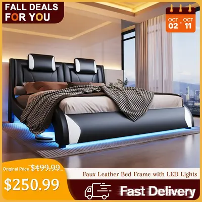 [TikTokShopfalldealsforyou] AMERLIFE Bed Frame with LED Lights, Remote&APP Control, Modern Faux Leather Upholstered Platform ...