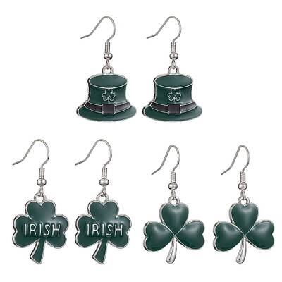 3 Pair 3 Style Saint Patrick's Day Alloy Enamel Dangle Earrings with Brass Pins for Women