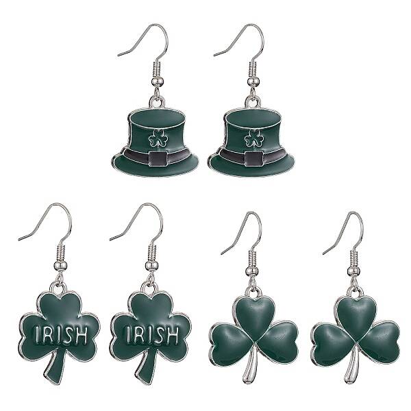 3 Pair 3 Style Saint Patrick's Day Alloy Enamel Dangle Earrings with Brass Pins for Women