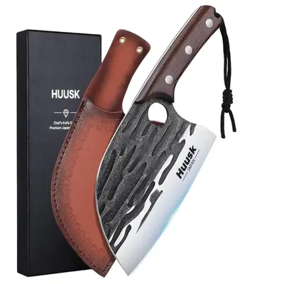 Huusk Upgraded Serbian Chef Knife Bundle Small Meat Cleaver Knife with Leather Sheath and Gift Box Blade Knives Steel steak k...