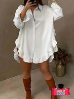 Women's Plain Ruffle Trim Button Front Blouse, Casual Loose Fit Classy Elegant Long Sleeve Collared Top for Daily Wear, Ladie...