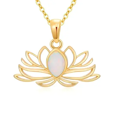 10K Gold Opal Lotus Pendant Necklace