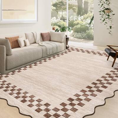 Garvee Bordered Beige 8x10 Area Rug for Living Room Scalloped Washable Large Bedroom Rug Non Slip Stain Resistant Modern Bord...