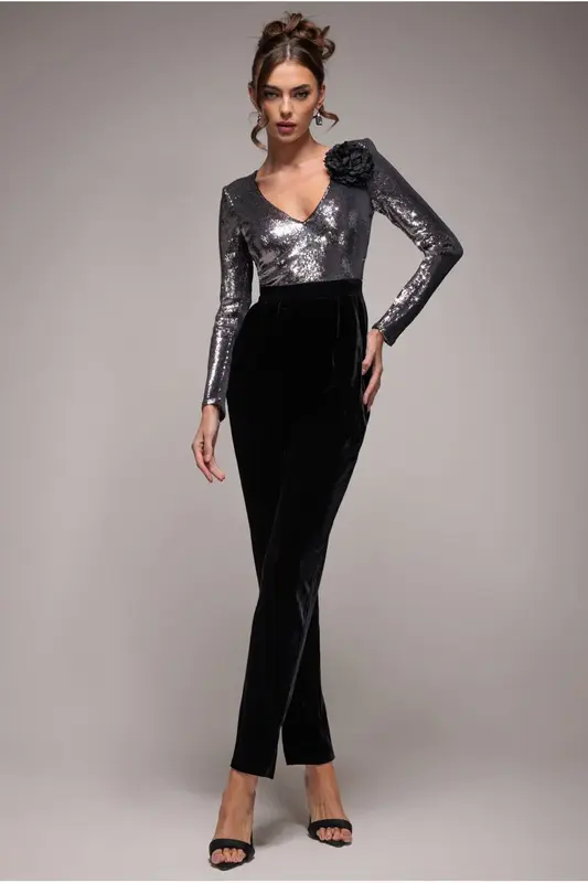 Goddiva Liquid Sequin Romper With Corsage - Silver