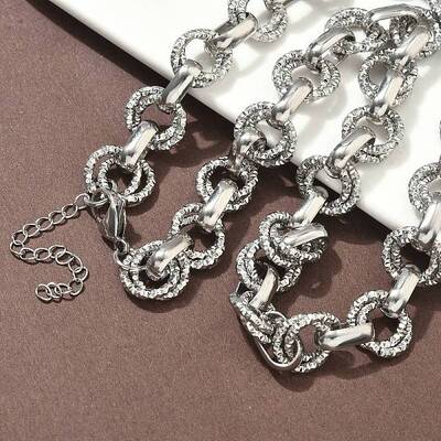 304 Stainless Steel Textured Double Ring Link Chain Necklaces