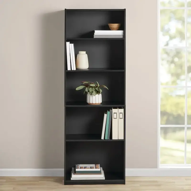 Mainstays 5-Shelf Bookcase with Adjustable Shelves, True Black Oak, Versatile Storage Solution, Microwave & Dishwasher Safe