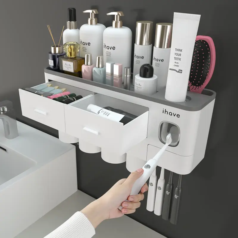 iHave Toothbrush Holders for Bathrooms, 4 Cups Toothbrush Holder Wall Mounted with Toothpaste Dispenser - Large Capacity Tray...