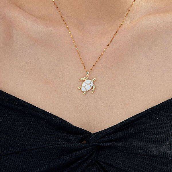 Brass White Enamel Turtle Pendant Dapped Chain Necklaces for Women