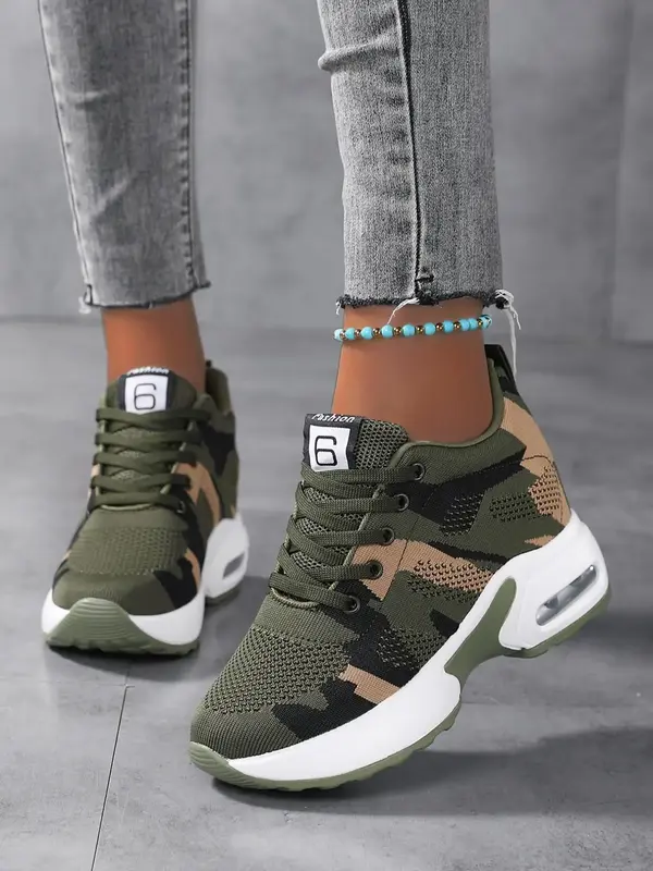 Fashion Camo Print Lace Up Front Contrast Mesh Platform Chunky Sneakers, Casual Breathable Comfortable Sports Running Shoes f...