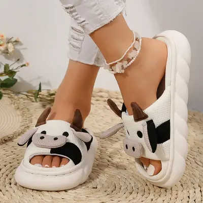 Cute Cow Slippers for Women Animal Cartoon House Slippers Soft Home Linen Slippers Shoes Indoor Outdoor