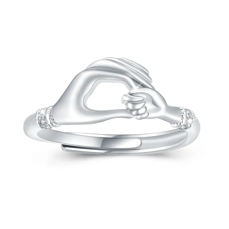 Sterling Silver Round Shaped Cubic Zirconia Hold Hands Open Ring