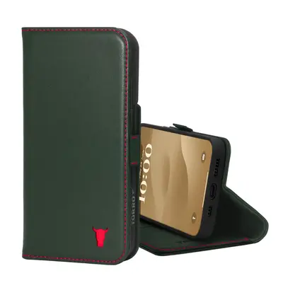 Apple iPhone 15 Leather Wallet Case (with Stand Function) - Green with Red Detail