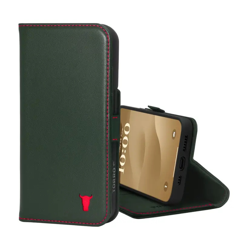 Apple iPhone 15 Leather Wallet Case (with Stand Function) - Green with Red Detail