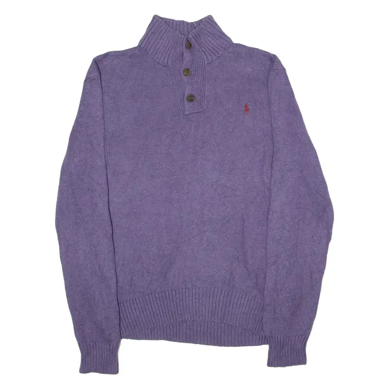 POLO RALPH LAUREN Mens Jumper Purple Button Neck Tight Knit M