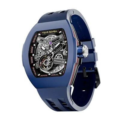 TSAR BOMBA Men's Automatic Skeleton Watch | Interchangeable Luxury Design | Blue | Atomic TB8218 | Fluororubber