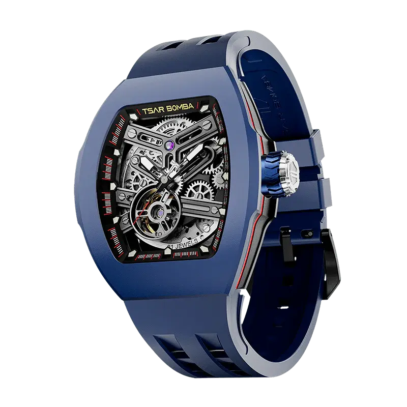 TSAR BOMBA Men's Automatic Skeleton Watch | Interchangeable Luxury Design | Blue | Atomic TB8218 | Fluororubber