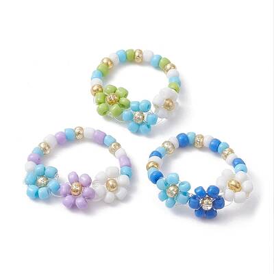 3Pcs 3 Color Glass Seed Beaded Stretch Rings Sets. Flower Stackable Rings