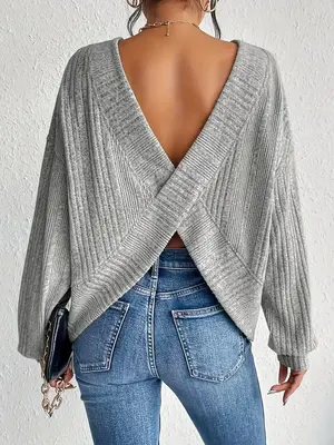 Women's Plain Criss Cross Bishop Sleeve Sweater, Casual Long Sleeve Round Neck Jumper for Spring & Fall, Women's Knitwear for...