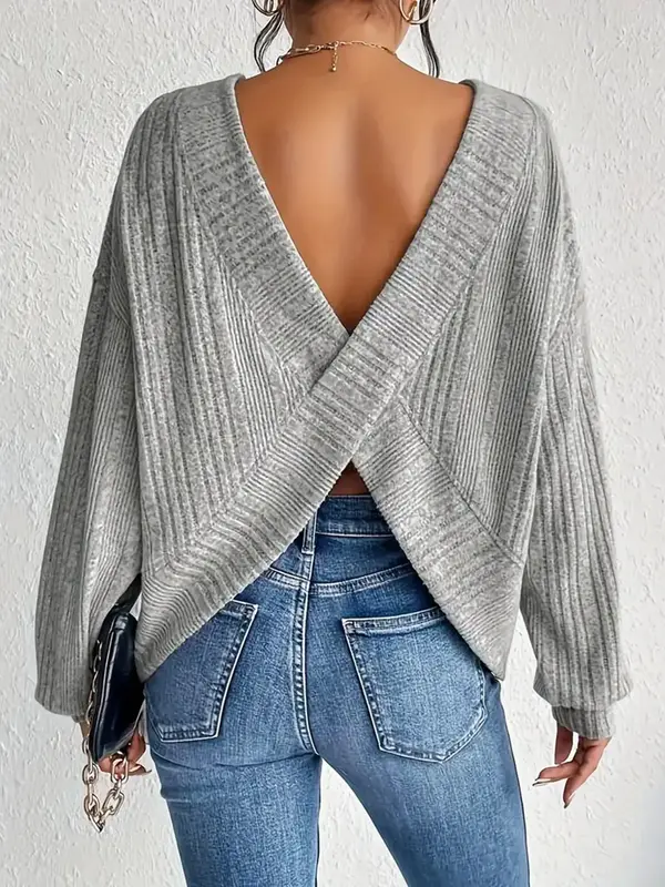 Women's Plain Criss Cross Bishop Sleeve Sweater, Casual Long Sleeve Round Neck Jumper for Spring & Fall, Women's Knitwear for...