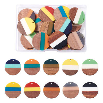 20Pcs 10 Colors Opaque Tri-color Resin & Walnut Wood Pendants