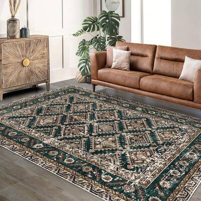 Garvee 9'x12' Washable Area Rugs, Vintage Boho Non-Slip Low Pile Rug for Living Room, Office, Kids Room, Green