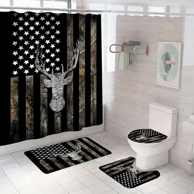 Flag & Deer Pattern Bathroom Decor Set, 4 Counts/set Non-slip Bath Mat & U-shaped Commode Contour Rug & Toilet Lid Mat & Show...