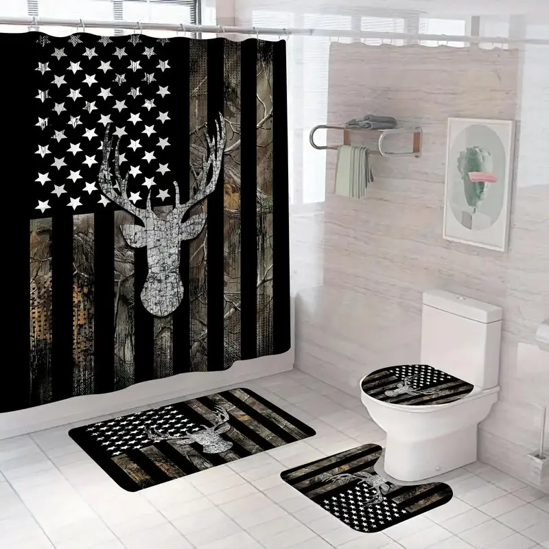 Flag & Deer Pattern Bathroom Decor Set, 4 Counts/set Non-slip Bath Mat & U-shaped Commode Contour Rug & Toilet Lid Mat & Show...