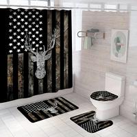 Christmas Flag & Deer Pattern Bathroom Decor Set, 4 Counts/set Non-slip Bath Mat & U-shaped Commode Contour Rug & Toilet Lid ...