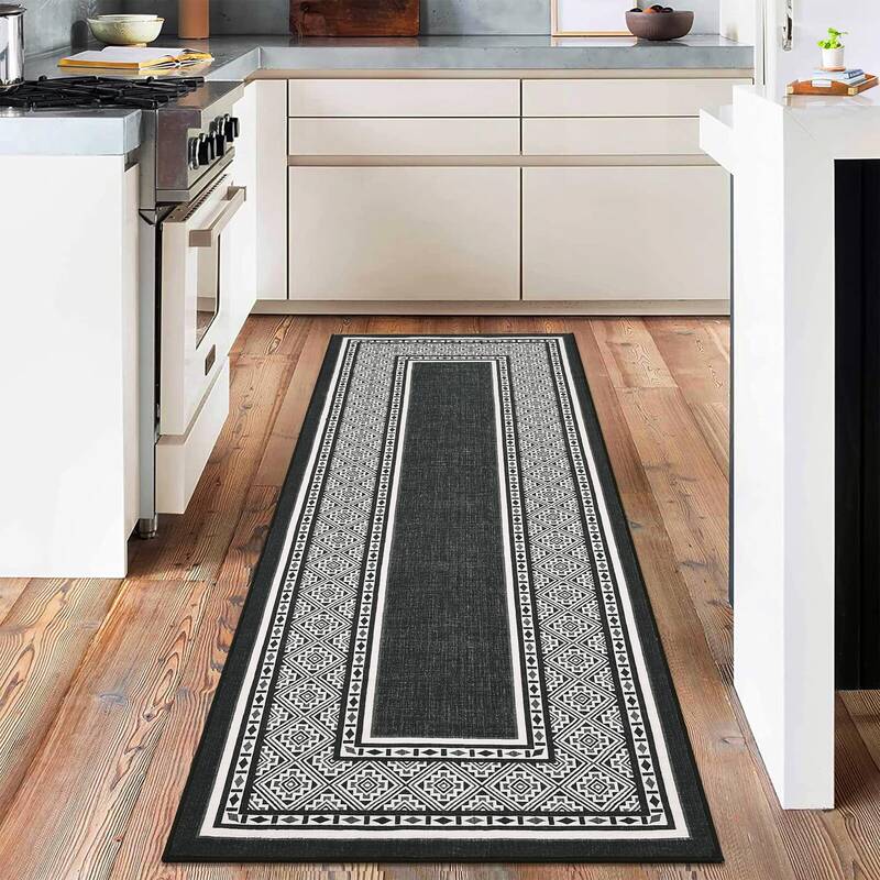Garvee Modern Neutral Bordered Runner Rugs, Black 2'X6' Soft Washable Non Slip Solid Geometric Long Throw Carpet for Living R...