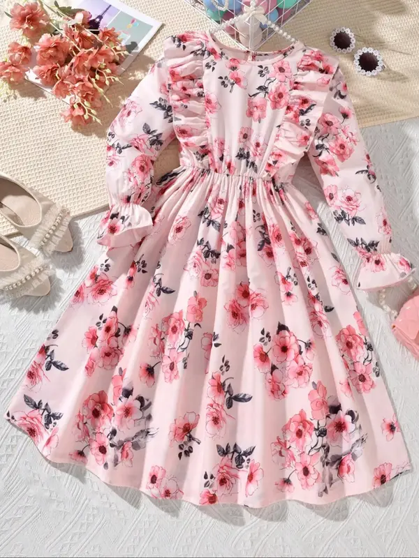 Girl's Floral Print Ruffle Trim Dress, Elegant Casual Long Sleeve Dress for Spring & Fall, Kids Clothes for Daily Wear, Dress...